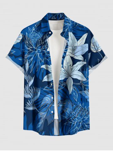 Plus Size Flowers Leaf Print Buttons Pocket Hawaii Shirt For Men - BLUE - 4XL