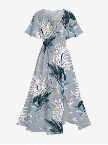 Plus Size Flowers Leaf Print Surplice Hawaii Midi Dress - GRAY - 5X
