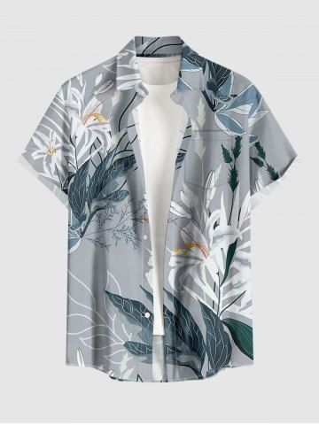 Plus Size Flowers Leaf Print Buttons Pocket Hawaii Shirt For Men - GRAY - 5XL