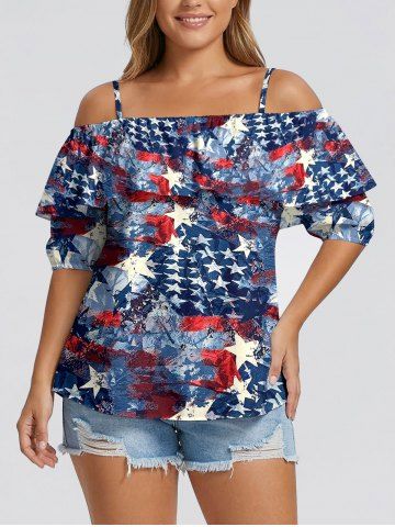 Plus Size Distressed Patriotic American Flag Print Cold Shoulder Ruffles Blouse - DEEP BLUE - S