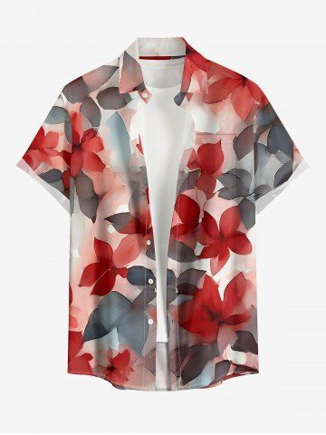 Plus Size Ombre Flower Leaf Print Hawaii Button Pocket Shirt For Men - RED - L