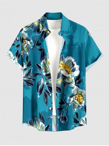 Plus Size Flower Leaf Branch Print Hawaii Button Pocket Shirt For Men - BLUE - S