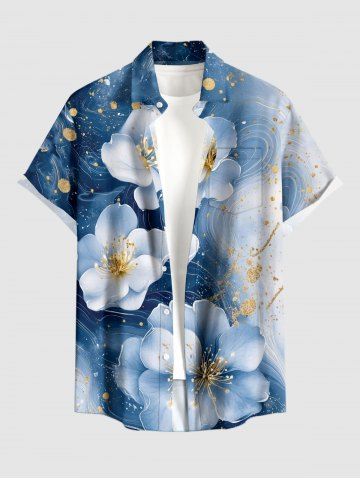 Plus Size Ombre Flower Galaxy Print Hawaii Button Pocket Shirt For Men - BLUE - 5XL