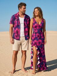 Tenue de plage assortie à imprimé floral hibiscus pour couples - Rouge Rose 