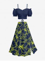 Cinched Solid Top and Tropical Leaf Hibiscus Flower Print Hawaii Split A Line Skirt Matching Set - Bleu profond 