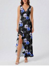 Flowers Print Hawaii Ruffles Split Surplice Dress - Noir M