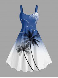 Coconut Tree Bird Ombre Colorblock Print Hawaii Tank Dress -  