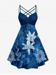 Flowers Leaf Print Ruched Lattice Crisscross Straps Hawaii Dress - Bleu 1X