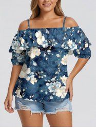 Flower Leaf Branch Print Hawaii Cold Shoulder Ruffles Blouse - Bleu profond 5XL