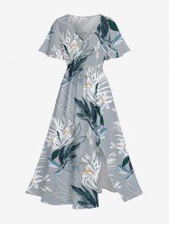 Flowers Leaf Print Surplice Hawaii Midi Dress -  