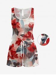 Plus Size Ombre Flower Leaf Print Hawaii Drawstring Pocket Romper - Rouge 3X