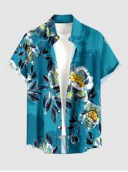 Plus Size Flower Leaf Branch Print Hawaii Button Pocket Shirt For Men - Bleu 5XL