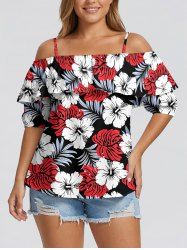 Tropical Leaf Hibiscus Flower Print Hawaii Cold Shoulder Ruffles Blouse - Rouge M