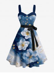 Plus Size Ombre Flower Galaxy Print Hawaii Button A Line Dress with Removable Belt -  