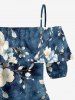 Flower Leaf Branch Print Hawaii Cold Shoulder Ruffles Blouse - Bleu profond 3XL