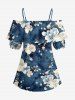 Flower Leaf Branch Print Hawaii Cold Shoulder Ruffles Blouse - Bleu profond 5XL