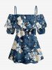 Flower Leaf Branch Print Hawaii Cold Shoulder Ruffles Blouse - Bleu profond 5XL