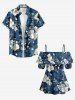 Flower Leaf Branch Print Hawaii Cold Shoulder Ruffles Blouse - Bleu profond 5XL