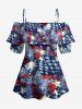 Distressed Patriotic American Flag Print Cold Shoulder Ruffles Blouse -  