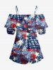 Distressed Patriotic American Flag Print Cold Shoulder Ruffles Blouse -  