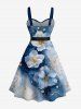 Plus Size Ombre Flower Galaxy Print Hawaii Button A Line Dress with Removable Belt -  
