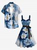 Plus Size Ombre Flower Galaxy Print Hawaii Button A Line Dress with Removable Belt -  