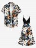 Plus Size Flower Leaf Print Surplice Hawaii Cami Dress -  