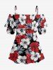 Tropical Leaf Hibiscus Flower Print Hawaii Cold Shoulder Ruffles Blouse - Rouge M