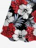 Tropical Leaf Hibiscus Flower Print Hawaii Cold Shoulder Ruffles Blouse - Rouge M