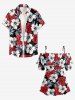 Tropical Leaf Hibiscus Flower Print Hawaii Cold Shoulder Ruffles Blouse - Rouge M