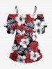 Tropical Leaf Hibiscus Flower Print Hawaii Cold Shoulder Ruffles Blouse - Rouge M