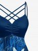 Flowers Leaf Print Ruched Lattice Crisscross Straps Hawaii Dress - Bleu 1X