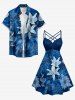 Plus Size Flowers Leaf Print Ruched Lattice Crisscross Straps Hawaii Dress - Bleu 5X