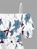 Flowers Leaf Print Cold Shoulder Ruffles Cover Hawaii Blouse - Blanc M