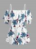 Flowers Leaf Print Cold Shoulder Ruffles Cover Hawaii Blouse - Blanc M
