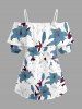 Flowers Leaf Print Cold Shoulder Ruffles Cover Hawaii Blouse - Blanc M