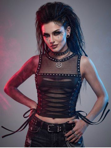 Gothic Fishnet Panel Rivet Ripped Lace Up Women Top - BLACK - L