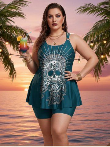 Maillot de Bain Tankini Croisé Crâne et Rose Imprimées de Grande Taille