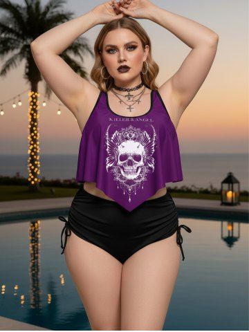 Plus Size & Curve Gothic Skull Print Ruffled Overlay Tankini Swimwear - ROSE - 2X