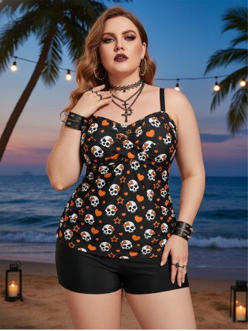 Plus Size Skull Bowknot Heart Stars Print Boyleg Tankini Swimsuit - ORANGE - 3X | US 22-24