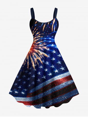 Plus Size Patriotic American Flag Fireworks Print Tank Dress - BLACK - M