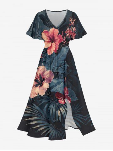 Plus Size Hibiscus Flowers Tropical Leaf Print Split Hawaii Midi Dress - BLACK - XXS