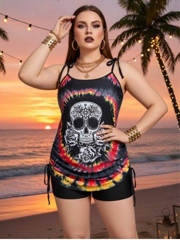 Plus Size Skull Rose Tie Dye Print Cinched Ruched Tie Boyshorts Tankini Swimsuit - BLACK - 1X | US 14-16
