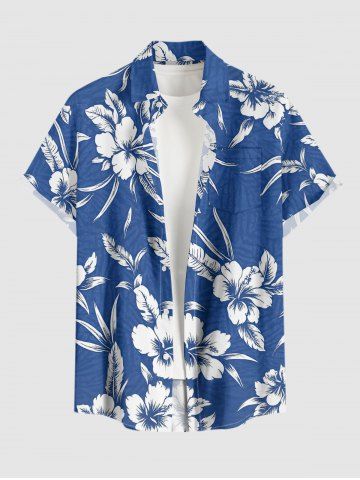Plus Size Hibiscus Flower Tropical Leaf Print Buttons Pocket Hawaii Shirt For Men - SKY BLUE - 6XL
