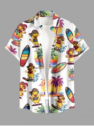 Plus Size Ducks Surfing Board Coconut Tree Print Buttons Pocket Hawaii Shirt For Men - WHITE - 6XL