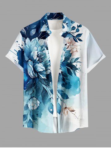 Plus Size Flower Leaf Painting Splatter Print Buttons Pocket Hawaii Shirt For Men - WHITE - M