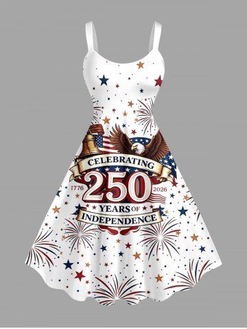 Plus Size Patriotic American Flag Bell Eagle Fireworks Print Tank Dress - WHITE - 6X