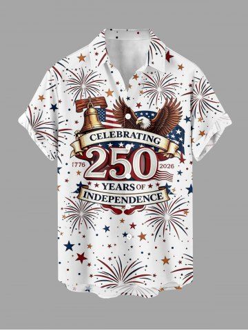 Plus Size Patriotic American Flag Bell Eagle Fireworks Print Buttons Pocket Shirt For Men - WHITE - 4XL
