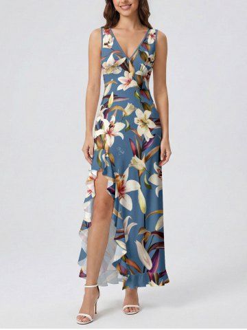 Flowers Leaf Print Hawaii Ruffles Split Surplice Dress