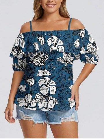 Plus Size Flowers Leaf Print Cold Shoulder Ruffles Cover Hawaii Blouse - PEACOCK BLUE - L